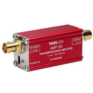 AMP130 - Transimpedance Amplifier, 100 kHz Bandwidth, 1 kV/A Gain