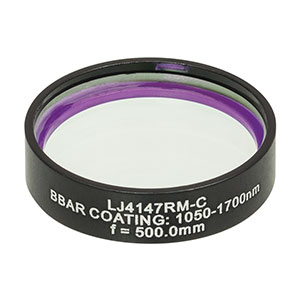 LJ4147RM-C - f = 500.0 mm, Ø1in, UVFS Mounted Plano-Convex Round Cyl Lens, ARC: 1050 - 1700 nm