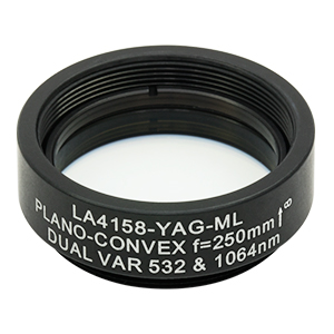 LA4158-YAG-ML - Ø1in UVFS Plano-Convex Lens, SM1-Threaded Mount, f = 250.0 mm, 532/1064 nm V-Coat