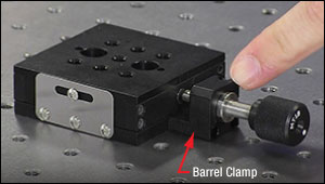 A barrel clamp is used to couple a manual or motorized adjuster or actuator to Thorlabs' linear translation stages.