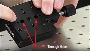 The mounting points in the middle of a translation stage's base plate.